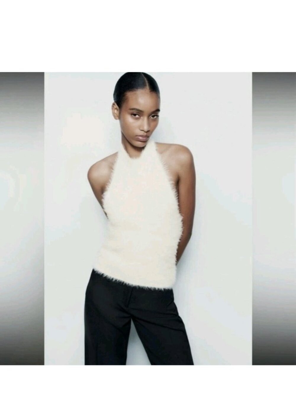 Zara White Fuzzy Halter Sweater Top Pullover Medium